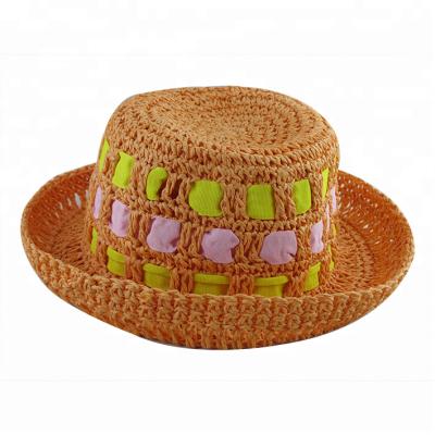 China Multi Color Character Wearable Stylish Crimped Brim Women Straw Bucket Crochet Hat for sale