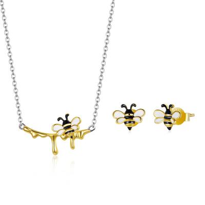 China Graceful Fashion S925 Sterling Silver Gold Plated Lovely Bee Necklace Insect Bee Earring Pendant Jewelry Set for sale