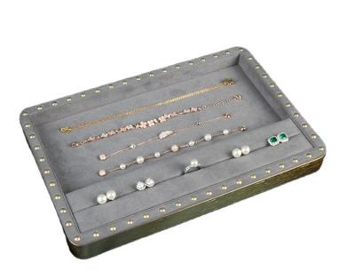 China Durable High End Metal Statistical Institute Of Statistics Rivet Jewelry Display Tray Rectangular Round Corner Necklace Ring Velvet Pendant Dish for sale