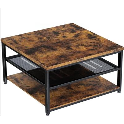 China (Size) 3 Tier Adjustable Rustic Coffee Table with Storage Metal Shelves for Living Room Rustic Brown for sale