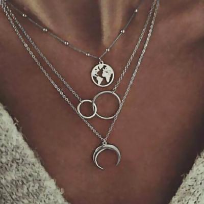 China Fashion Bohemia World Map Environmental Friendly Crescent Moon Choker Multilayer Necklace for Women (KNK5096) for sale