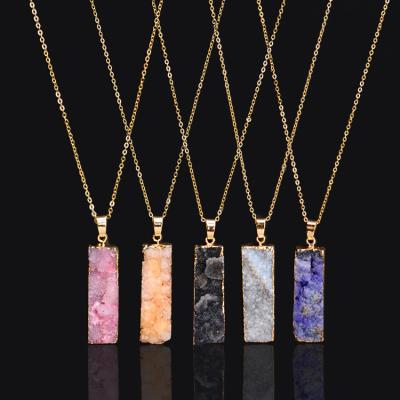 China Gold-color >>>2017 Environmental Friendly Long Chain Necklace For Women Rectangle Natural Quartz Stone Pendant Necklace for sale