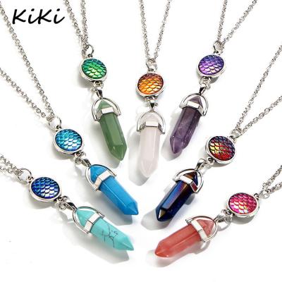 China >>>Fashion Natural Stone Pendant Necklace Environmental Friendly For Women Vintage Imitation Crystal Hexagon Prism Fish Scale Chain Necklace for sale