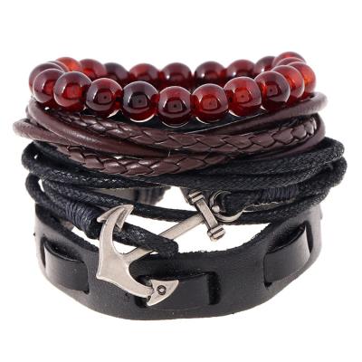 China Environmental Friendly Fashion Black Punk Bracelet Men Charm Anchor Bracelets Beads Leather Bracelet For Boy Gift (KLB7102) for sale