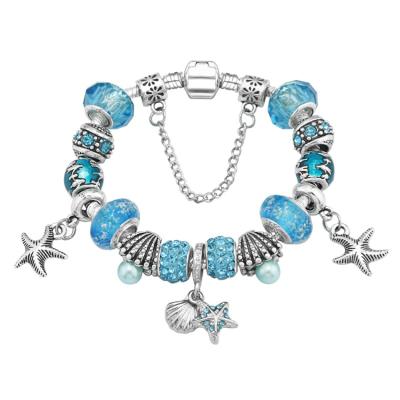 China Environmentally Friendly European Fashion Ocean Style Blue Starfish Charm Bracelets Silver Plated Glass Beads Bangles Bracelets DIY Jewelry (KCB002) for sale