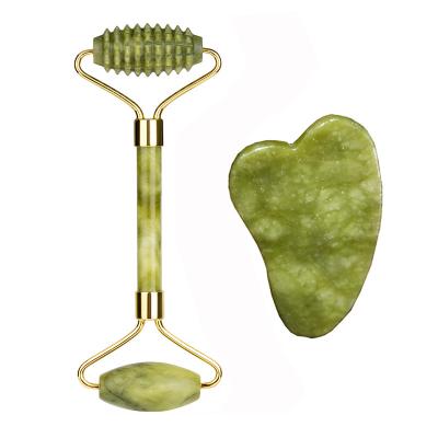 China Anti Aging Natural Stone Jade Roller Massage Stick Roller Green Jade Roller Gua Sha Sha Set for sale