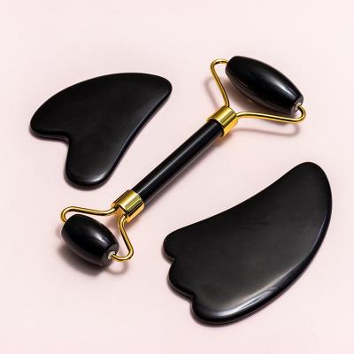 China Whitening High Quality Skin Care Tool Obsidian Quartz Jade Facial Roller For Face Massage Roller Jade Roller Gua Sha Set for sale