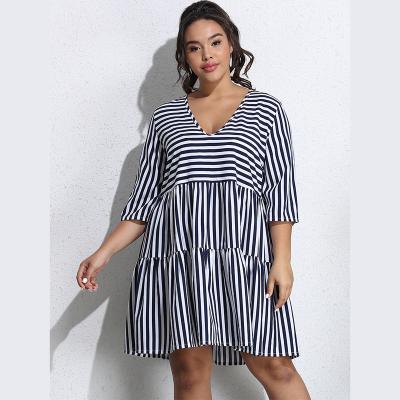 China European and American V-Neck Anti-Static Long Sleeve Dress with Blue and White Stripes Pleated Stitching Plus Size Dress for sale