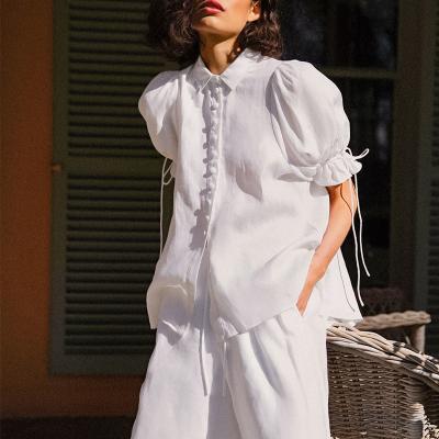 China Anti-pilling 2021 European and American White Loose Cotton Canvas Short Sleeves New American Loose Casual Women's Shirt Summer New Bubble Sleeve for sale