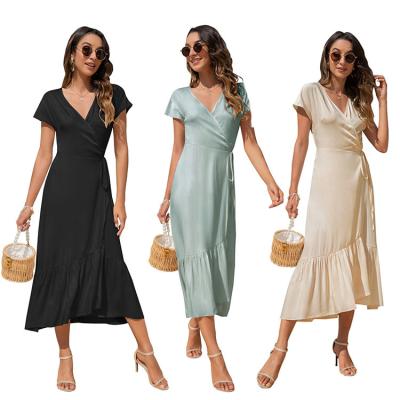 China Anti-Static Hot Sale Vintage A Line Design Elegant Long Plus Size V-Neck Women Casual Dress Lady Tops Fashionable Dress For Summer for sale