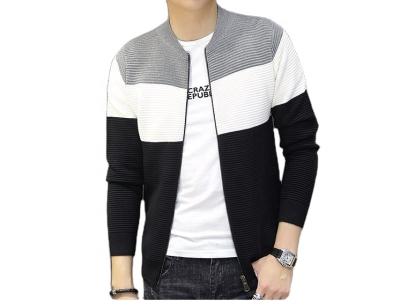 China Dongguan Hong Xing Yue Stripe Men's Long Sleeve Fashio Cardigan Zip Stand Collar Anti-Shrink Knitted Sweater for sale