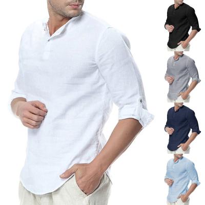 China Anti-Wrinkle Amazon Popular Men's Shirts Stand-Collar Solid Color Cotton Canvas Long Sleeve For Men for sale