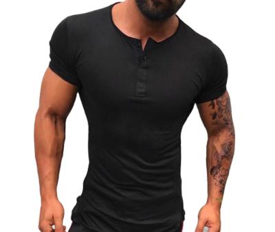 China 2021wish Summer Color Hot Selling Black T-shirt Pure Thin Button Men's Round Neck Tortoise Collar Sleeves Shorts Black T-shirt for sale