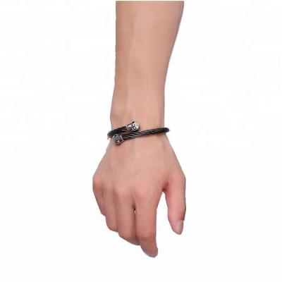 China Hot Sales Punk Black Stainless Steel Rope Bracelet Skull Bracelet for sale