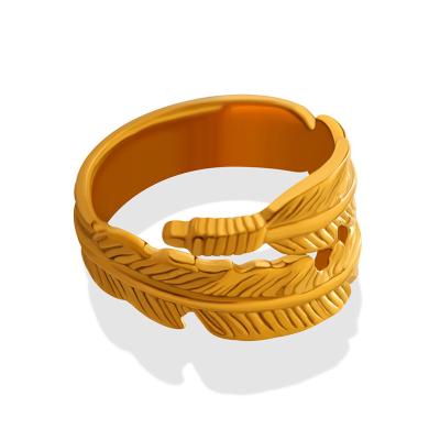 China New 18K Gold Plated Fashion Ring Jewelry Environmentally Friendly Adjustable Stainless Steel Ring Personality Trend Bun Feather Ring for sale