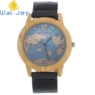 China New Design WJ-7033 Non-Specific Ladies Quartz Watches Wood Grain Leather HandWatches World Map OEM Wristwatches for sale