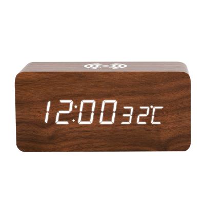 China Antique Style Wooden LED Digital Alarm Clock with Temperature Display Wireless Clock Table Charger Desk Clock for sale