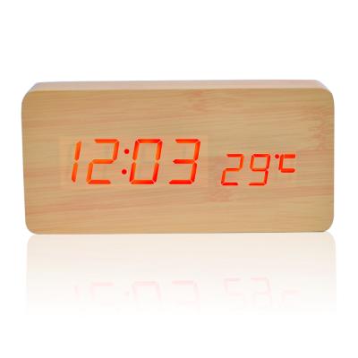 China Antique Style Wake Lamp Voice Control Clock Voice Control Desk LED Digital Temperature Wooden Alarm Clock for sale