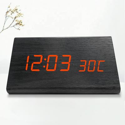 China Antique Style Smart Voice Control Table Wooden Alarm Clock LED Digital Wooden Triangle LED Alarm Clock for sale