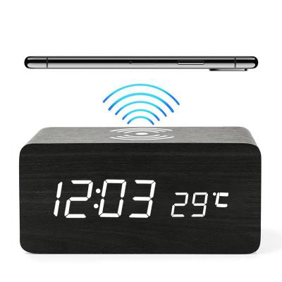 China Antique Style Wireless Charger LED Digital Alarm Clock Voice Control Wooden Table Clock With Temperature Display for sale