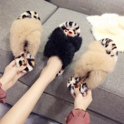 China CUSHIONING new rabbit hair leopard print fur slippers in autumn and winter women's flat bottom slippers for home and abroad for sale