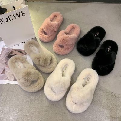 China CUSHIONING new cross wool slippers for women's wear thickened warm flat slippers in autumn and winter and lazy slippers for sale