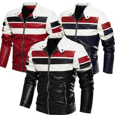 China Bracket Collar Color QUICK DRY Stripes Sweep Inside Biker Single Men Moto Color PU Leather Jacket for sale