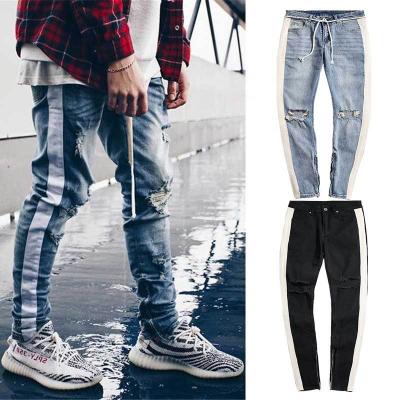 China 2021 Fashion Hip Hop Cotton Slim Fit QUICK DRY Knee Ripped Side Striped Denim Running Men's Jeans Pants Destroyed for sale