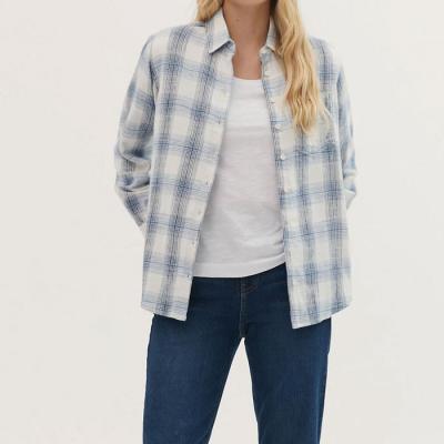 China Hot Selling Custom Made Striped Plaid Cotton Women Canvas Shirts Anti-Wrinkle Pocket Turn Down Collar Long Sleeve Blouses Shirts for sale