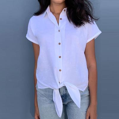 China Wholesale Custom Made Cotton High Quality Women's Anti-pilling White Button Sleeve Blouses Casual Short Link Front Shirt For Women for sale