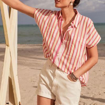 China High Quality Custom Striped Anti-Wrinkle Summer Women Canvas Shirts Button Down Pink Casual Loose Short Sleeve Shirt For Women for sale