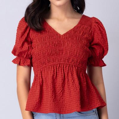 China Wholesale Custom Vintage Women's Anti-Pilling Tops Blouses Fashionable Casual Designs Pleated Puff Sleeve Women's Blouse Canvas Tops for sale