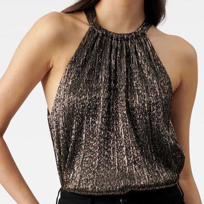 China High quality custom made fashion women's anti-pilling tops sequin neck wrap halter top even elegant women blouses tops for sale