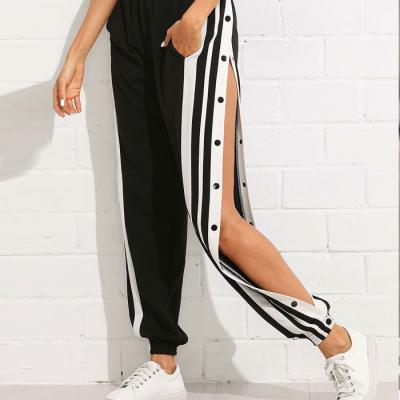 China Custom Made High Quality Anti-Wrinkle Cotton Snap Button Striped Solid Color Women's Side Joggers Track Pants Casual Stylish Pants for sale