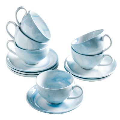 China Yundu Sustainable Ceramic Espresso Cups With Saucers - 4 oz For Espresso - Set Of 6, Blue Marble Colors for sale