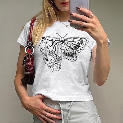 China ZJ1335 Graphic Neck Anti-wrinkle Butterfly Print Kawaii T-shirts Women Short Sleeve Streetwear Summer Summer O Tops Korean Fashion Cropped Tees for sale