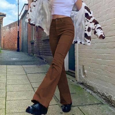 China ZJ1287 Anti-Wrinkle Vintage Brown Y2K Jeans Women Streetwear Harajuku Stretch Basic Flare Pants Joggers Cotton Pants Fashion for sale