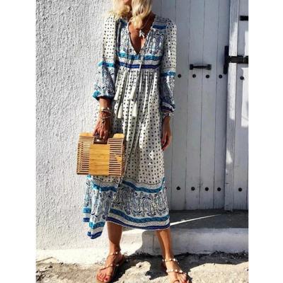 China Plus Size 2020 Summer Women Elegant V Neck Dress Boho Patchwork Long Print Formal Dresses Plus Size Ladies Vintage A Line Dress for sale