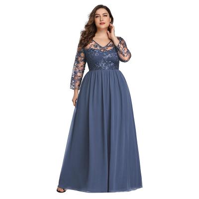 China Women's Plus Size Lace V-Neckline Embroidered Sexy Long Evening Party Dress YF60074 Anti-Static for sale