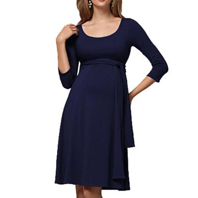 China Breathable Fashion Maternity Dress With Long Belt Ruffled Round Neck Nursing Dress TCT10020 for sale