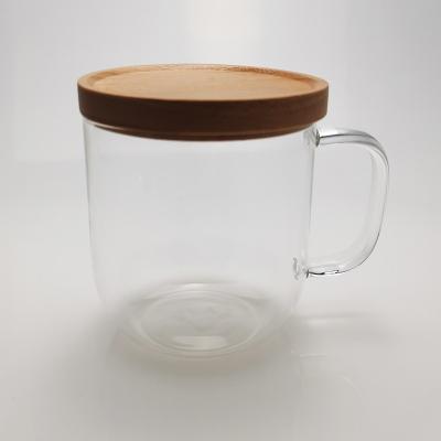 China Stocked Glass Tea Set Glass Cup With Handle And Wood And Round Lid 350ml Saucer And Wood Cup Of Borosilicate Glass for sale