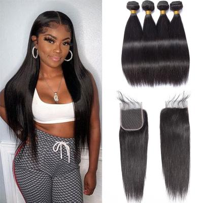 China Straight Bundles With T Part Brazilian Closure Headband Hair Extensions 60g/bundle/4x4/13x4 3/4 Bundle And Closure Set for sale