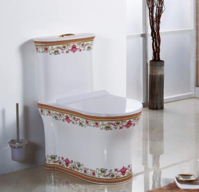 China Luxury One-Piece White Ceramic Jet Flushing Toilet Bowl G564 Dubai Floor Drain Rose Pattern Design Gold Plated Double-Flow Siphonic for sale