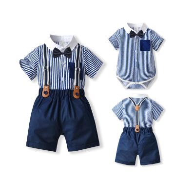 China Blue Stripes Formal Soft Cotton Fashion Outfit Infant Baby Boy Summer Custom Clothing Set for sale