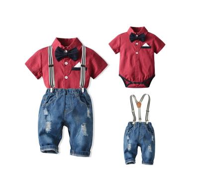 China Toddler Formal Gentleman Red Triangle Climbing Jean Pants Suits Newborn Baby Boy Dress Set for sale