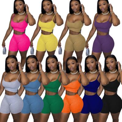 China QUICK DRY 2021 Custom logo Short Sets Women Two Piece Bodycon 2 Piece Outfit Spaghetti Strap Crop Tank Top Shorts Pants for sale