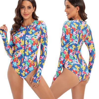 China Plus Size Custom Print Floral One Piece Swimsuit Women Swimwear Long Sleeve Printed Bathing Suits Surfing Bodysuit Swimwear & Beachwear for sale