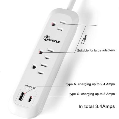 China Easy Installation Drop Protector Hi Select Shipping Mountable Wall Outlets With 6FT Long Extension Cord 3 Smart AC 2 IC USB Outlets for sale