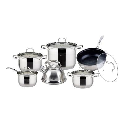 China High Quality Sustainable Stainless Steel Kitchenware Set 12 Pcs Casserole Cookware Frying Pan Cooking Sets With Whistling Kettle for sale