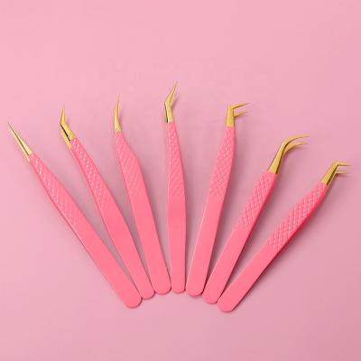 China Wholesale Custom Long Lasting Fiber Logo Eyelash Tweezers Gold Pink Tip 45 75 90 Degree Nano Grip Eyebrow Eyelash Extension Tweezers for sale